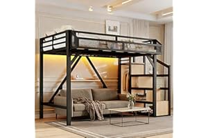 Bellemave Twin XL Loft Bed Frame with Storage Stairs, Beside Shelf & Wardrobe, Metal Loft Bed Twin XL with USB Ports & LED Light, Large Under-Bed Space Loft Beds for Adults, Teens, Kids, Black Natural