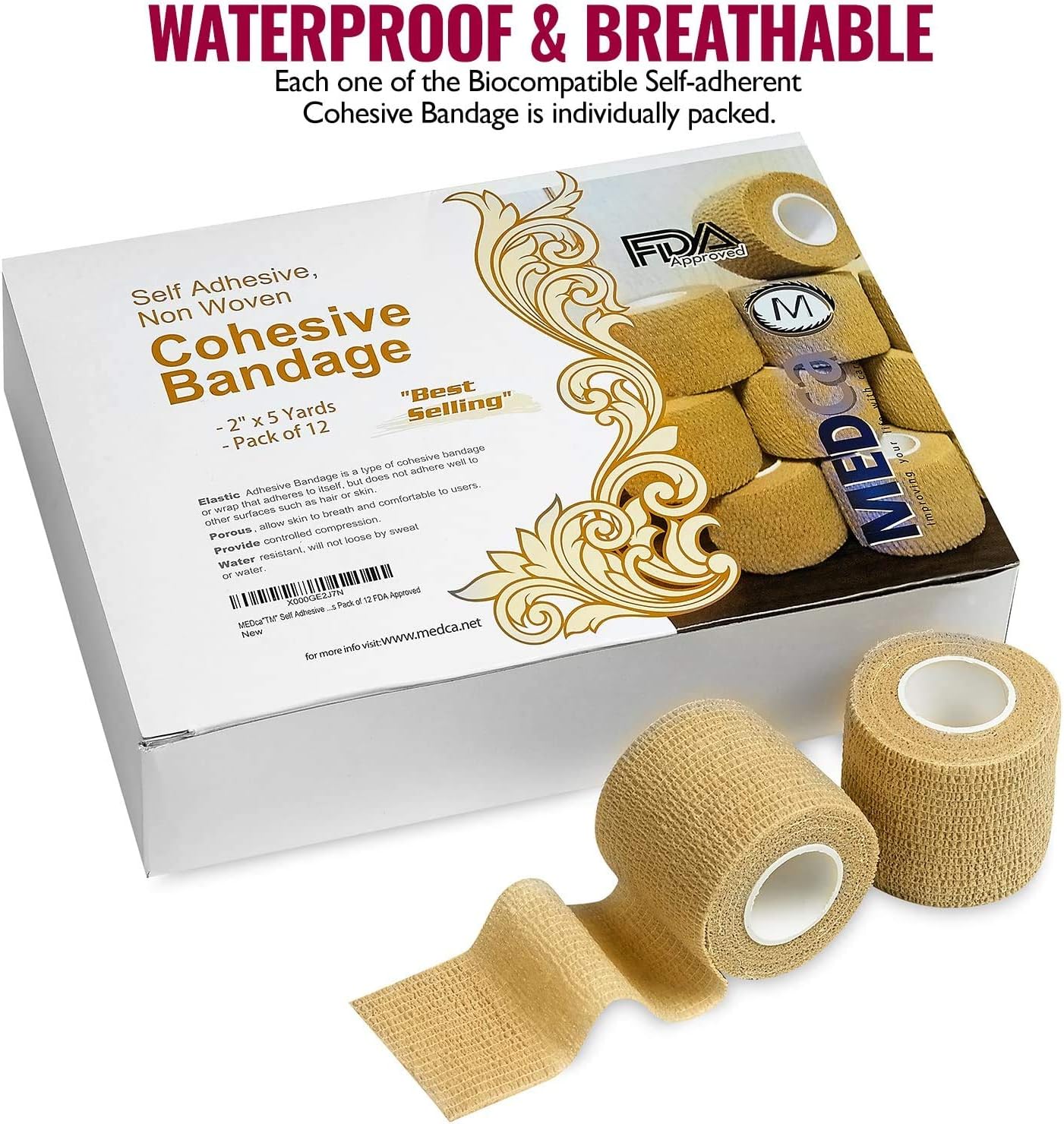 MEDca Self Adherent Cohesive Wrap Bandages 2 Inches X 5 Yards 12 Count with Strong Elastic First Aid Tape for Sprain Swelling and Soreness on Wrist and Ankle (Skin Color) - Image 5