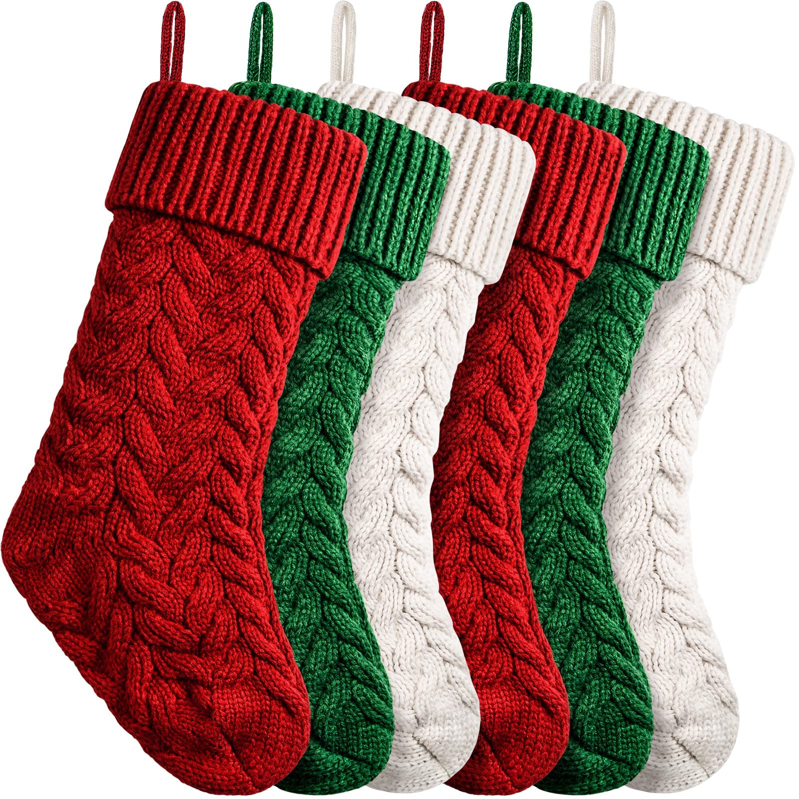 Photo 1 of 18 Inches Christmas Stockings Knit Xmas Stockings Large Fireplace Hanging Stockings for Family Christmas Decoration (Burgundy,Ivory,Green, 6)