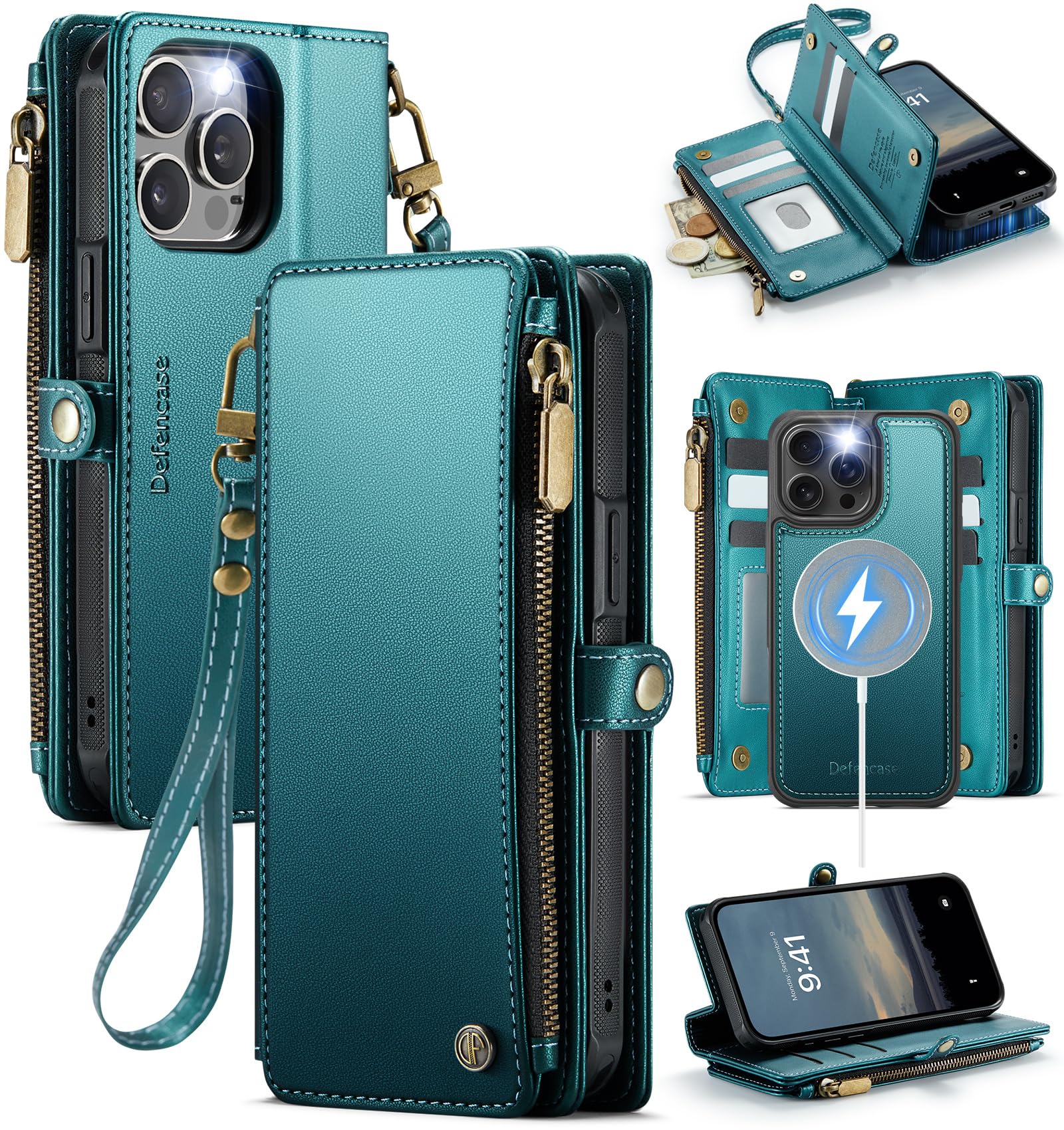Photo 1 of Defencase for iPhone 14 Pro Max Magnetic Wallet Case Compatible with Magsafe with RFID Blocking Zipper Strap Card Holder for Women, PU Leather Detachable Case for iPhone 14 Pro Max (6.7"), Blue Green