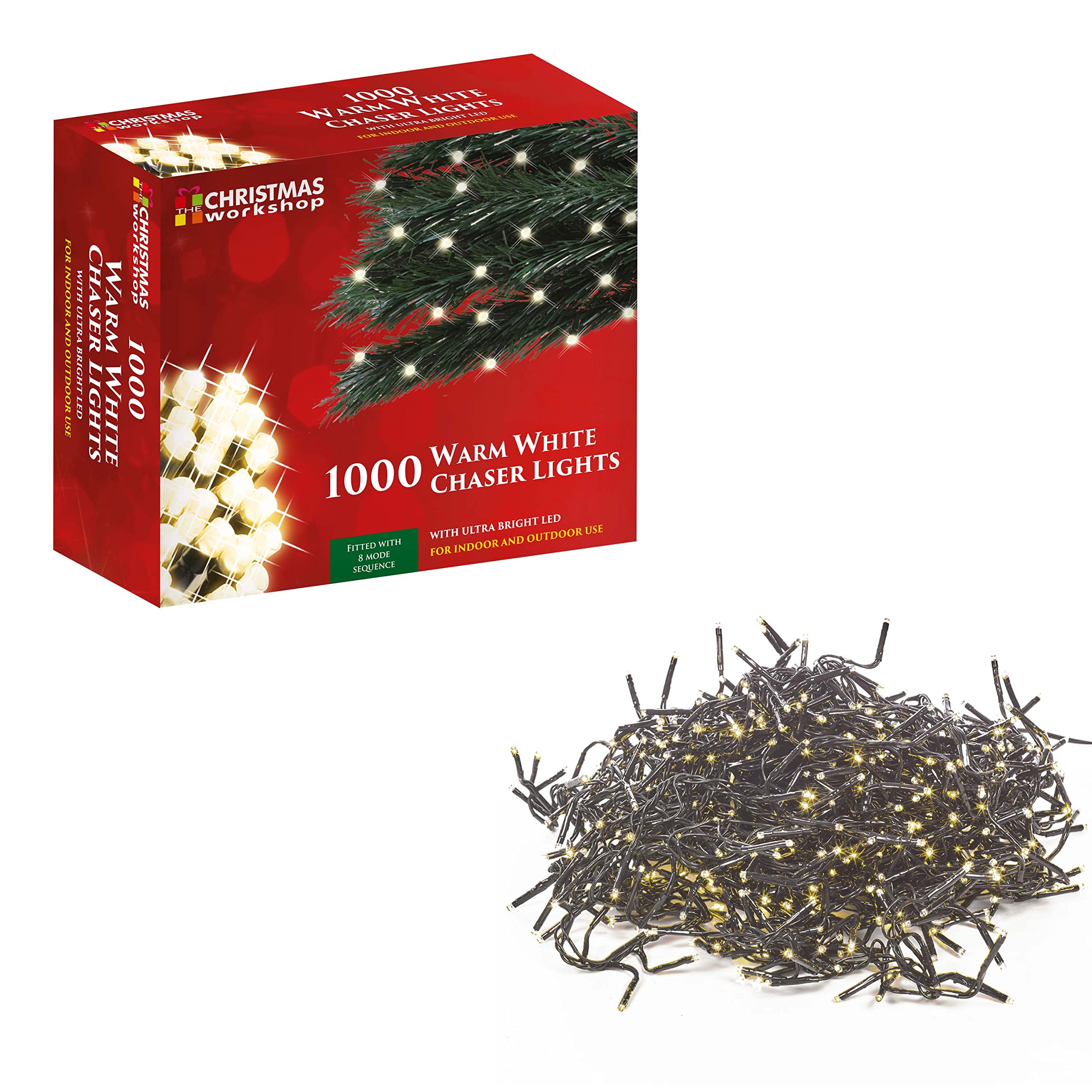 The Christmas Workshop 86340 1000 Warm White LED Chaser Christmas Lights/Indoor or Outdoor Fairy Lights / 69.9 Metres / 8 Light Modes/Great for Christmas, Weddings & Gardens