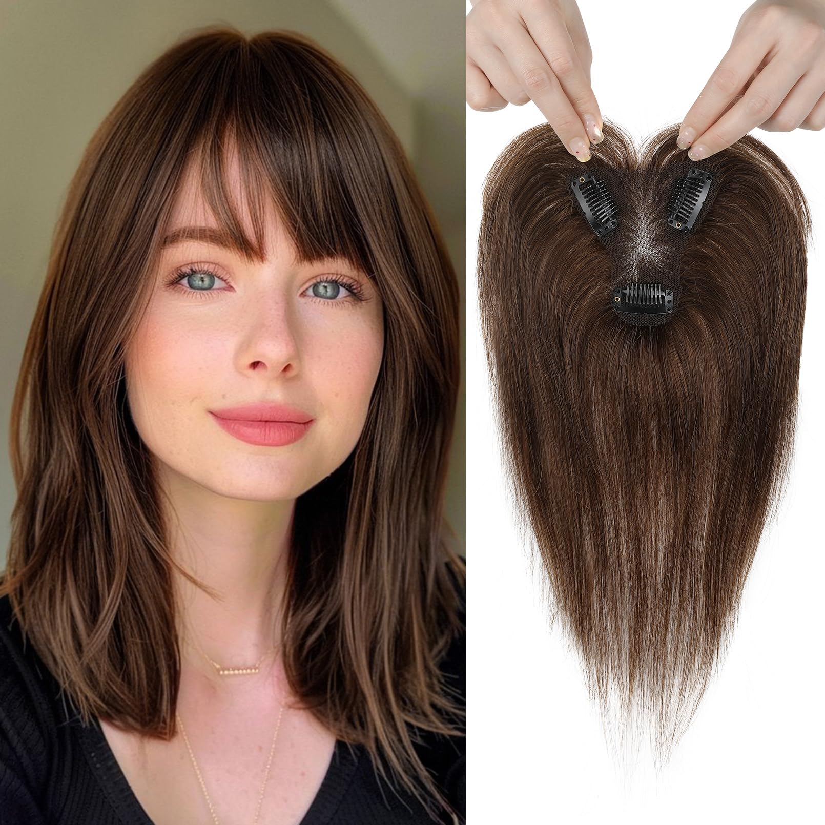 Photo 1 of REECHO Hair Toppers for Women Real Human Hair, Seamless Human Hair Toppers with Bangs, 360° 3D Cover Clip in Bangs Hair Extensions for Daily Wear, Medium Brown
