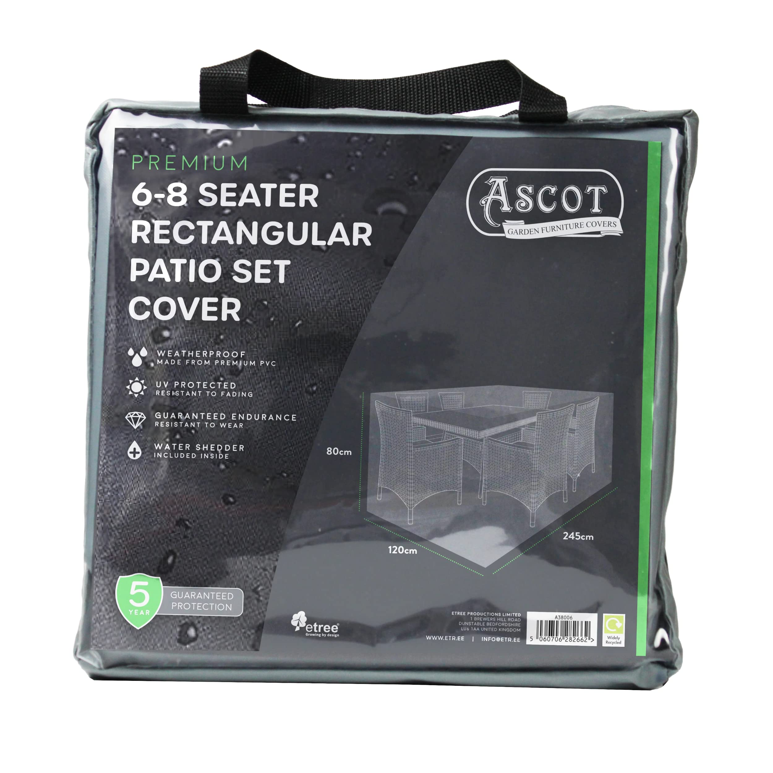 Ascot Premium Large(6-8 seater) Rectangular Patio Set Cover - 245 X 120 X 80 (H) cm Modern Grey