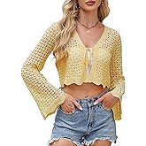 Women's Soft Crochet Tie Front Cardigan Cropped Knit Bolero Shrug Summer Beach Cover Up Top