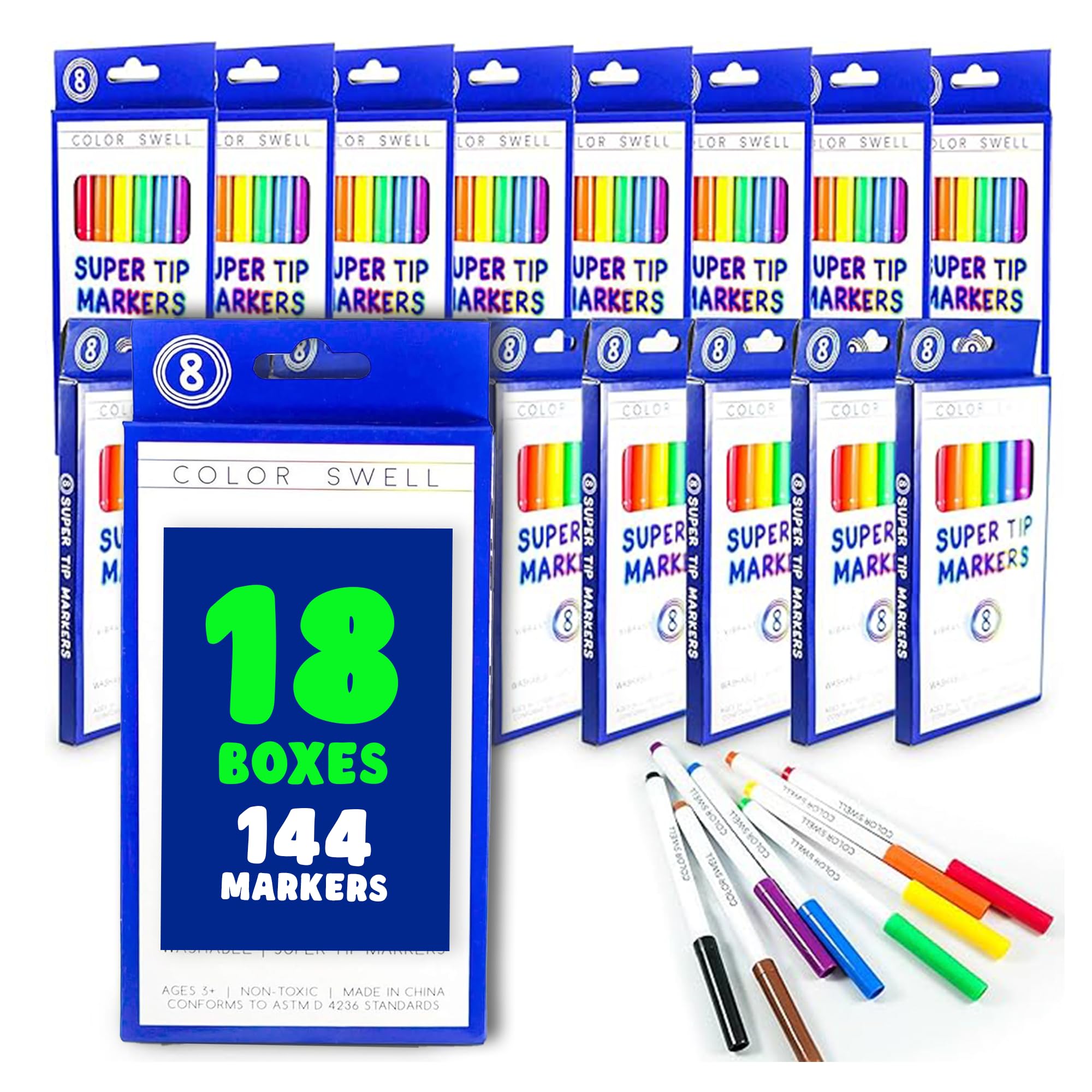 Color Swell Super Tip Washable Markers Bulk Pack Of 18 Boxes Of 8 Vibrant Colors (144 Total) Perfect For Kids, Parties, Classrooms