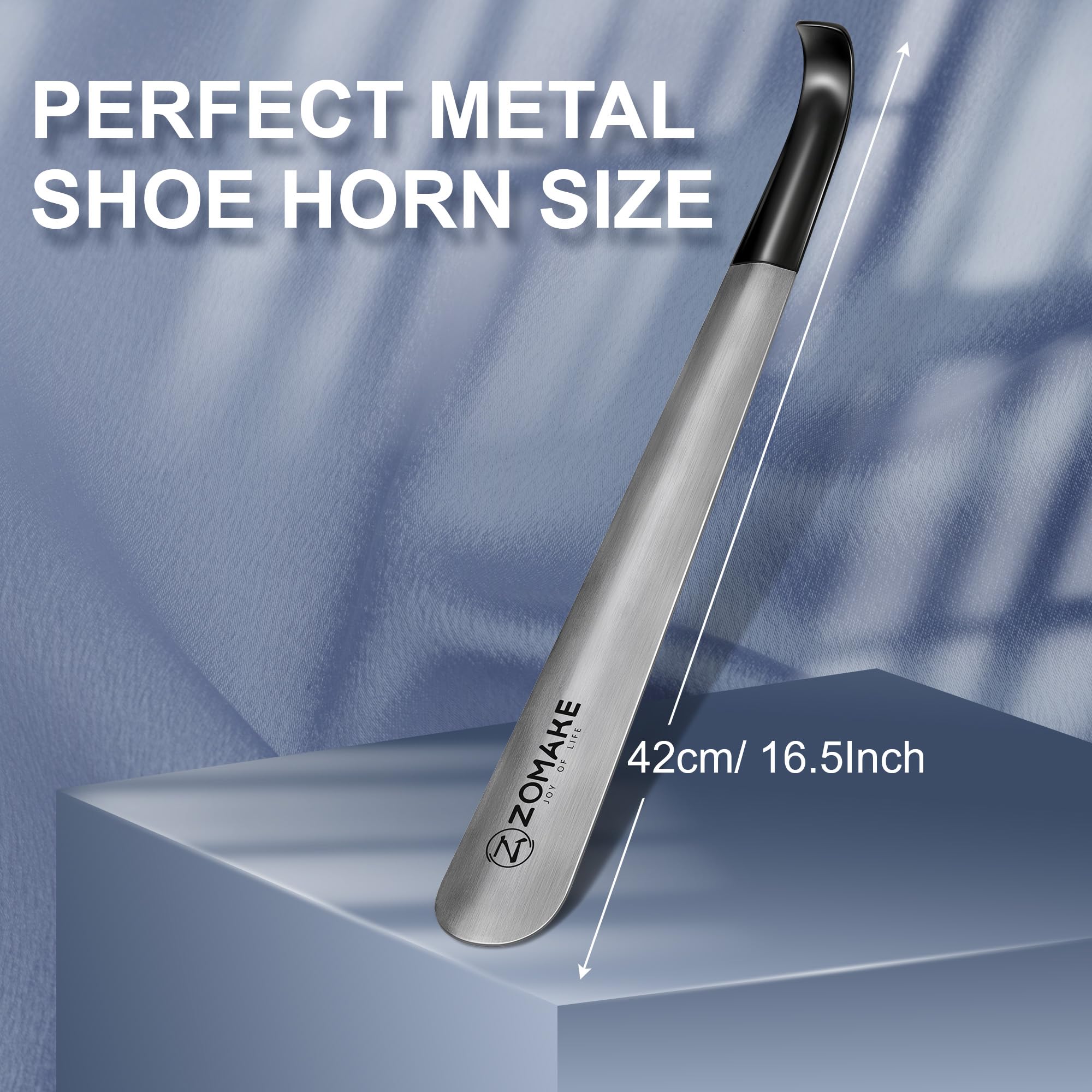 ZOMAKE Long Shoe Horn, 16.5 inches (42 cm), Stainless Steel, For Men, Women, Kids, Elderly, Silver