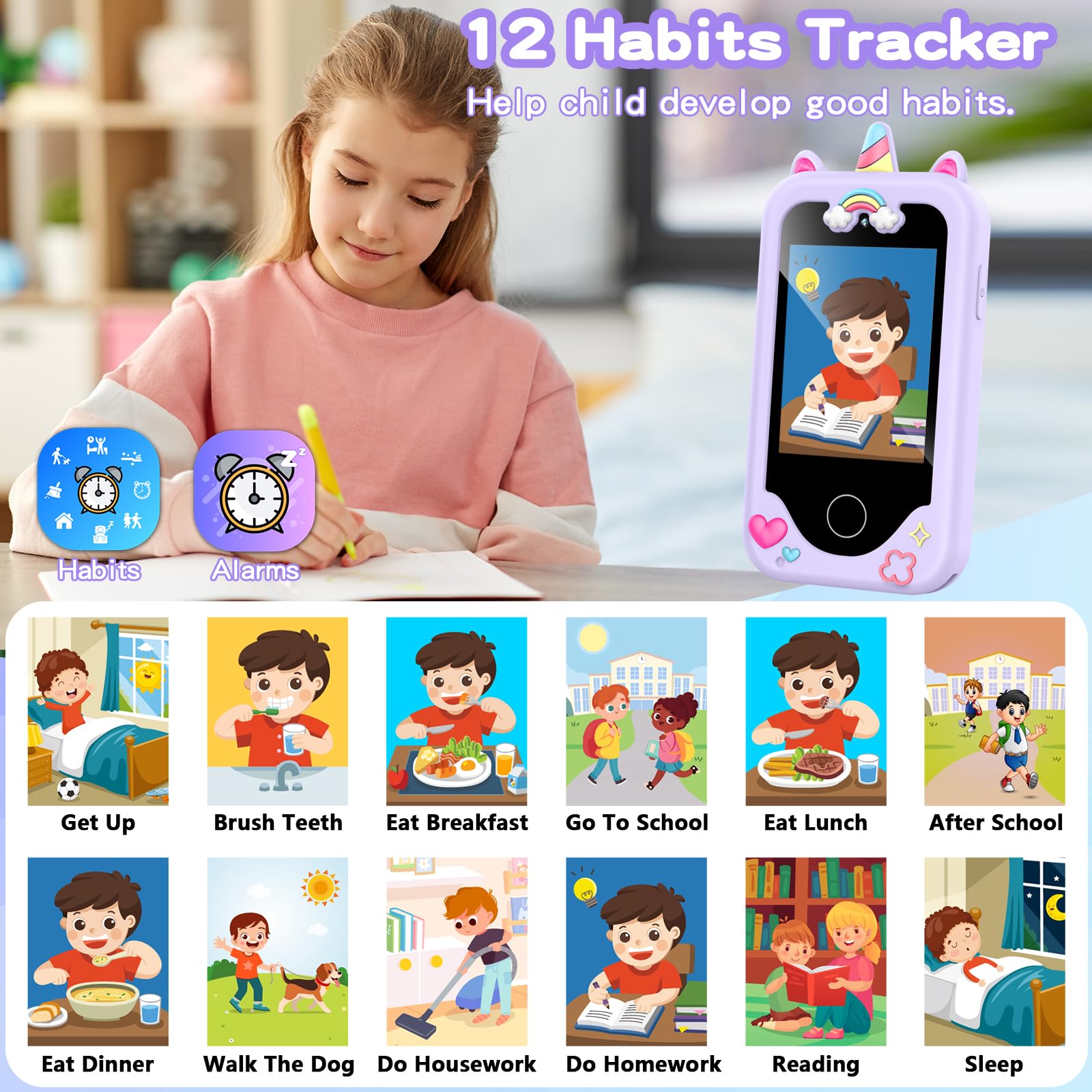 ASIUR Kids Smart Phone for Girls Toddler Birthday Gift for Boys 3 4 5 6 7 8 9 10 Year Old, Childrens Pretend Play Cellphone with Educational Games, MP3 Music Player, Learning Toys(Purple)