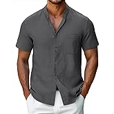 Ficerd Men's Cotton Linen Shirts, Short Sleeve Casual Beach Shirts Button Down Band Collar Comfortable Summer Tees M-6XL(Dark Grey,6X-Large)