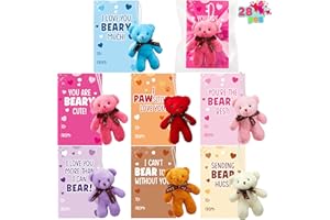 JOYIN 28 Packs Valentine's Day Gift Cards with Mini Bears Plush Toy Party Favors, Mini Stuffed Plush Toys for Valentines Day 