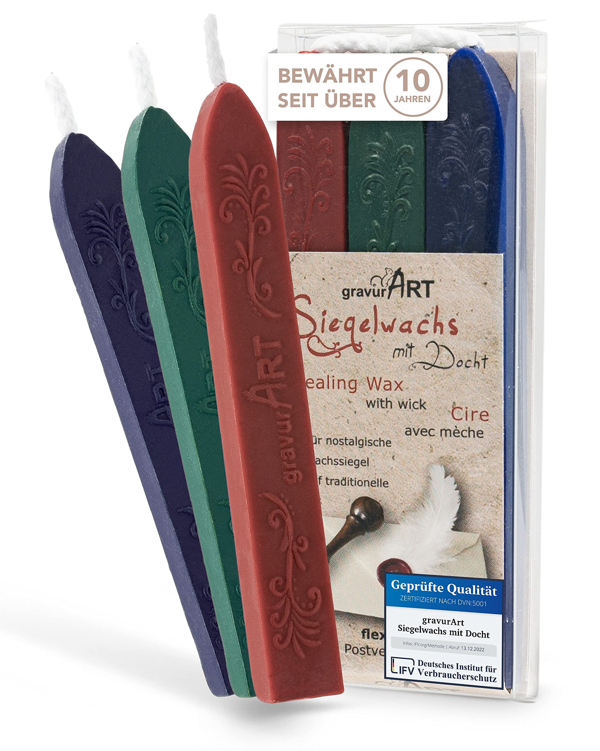 gravurART Sealing Wax Bordeaux Red - Dark Blue - Dark Green - Letters, Invitations and Gifts Seal and Spice Up with Stamp Wax for Seal Stamp - 3 Sticks of Wax with Wick