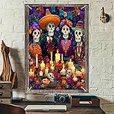 BlissYard DÃa de los Muertos Window Banner Sugar Skull Altar Papel Picado Floral Design Colorful Glass Polyester 31x47 Inch Window Cover Window Banner Window Decoration Holiday Party Decor