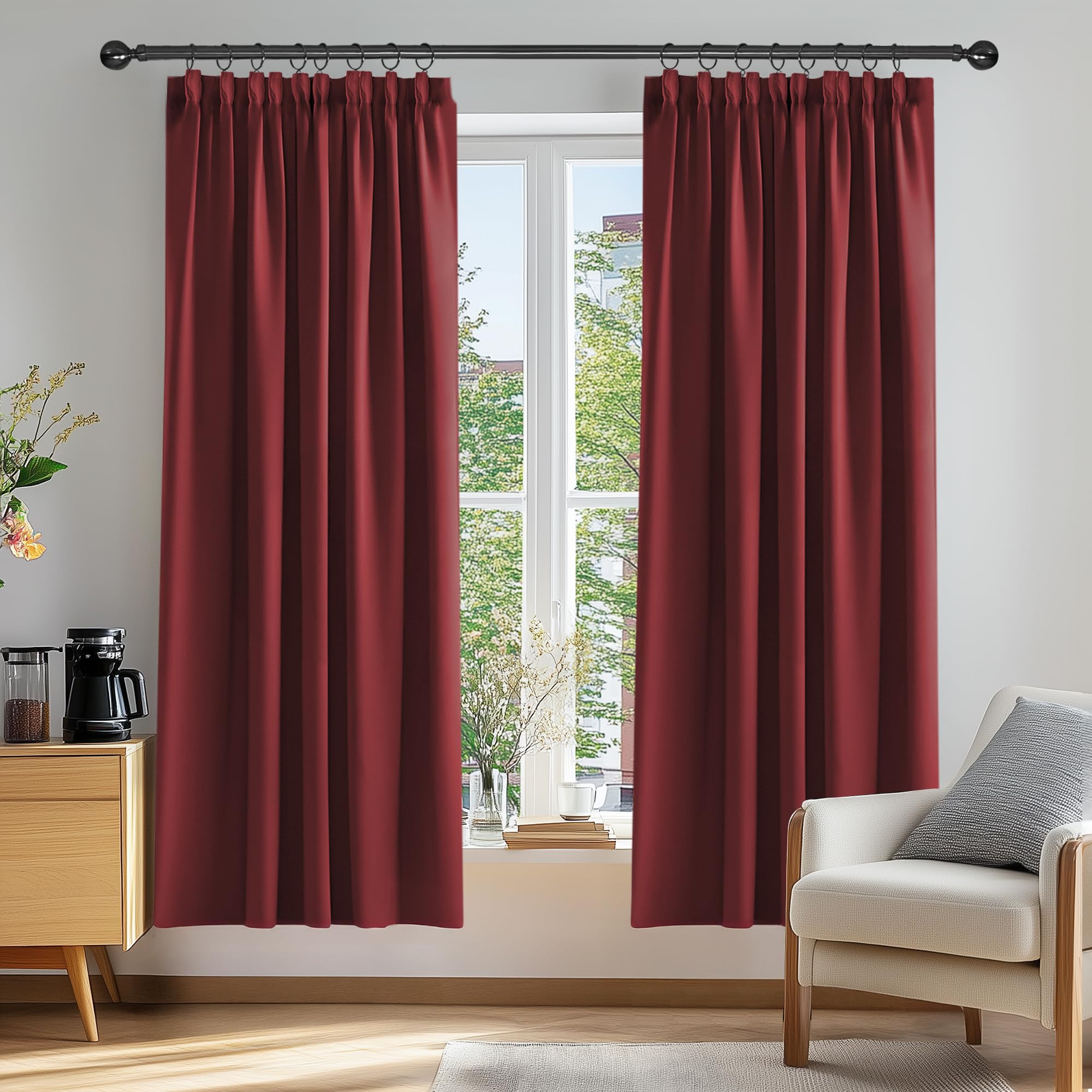 Deconovo Solid Pencil Pleat Curtains Thermal Insulated Tape Top Blackout Curtains for Bedroom 46 x 72 Red 2 Panels