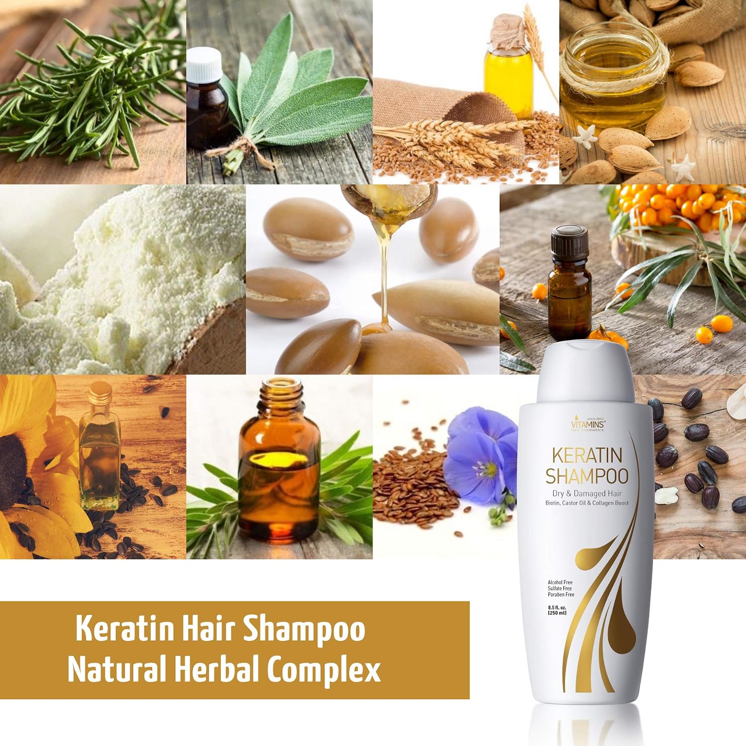 VITAMINS hair cosmetics Keratin Shampoo for Dry Hair, Paraben & Sulfate Free Shampoo for Damaged Hair with Biotin & Collagen - Image 3
