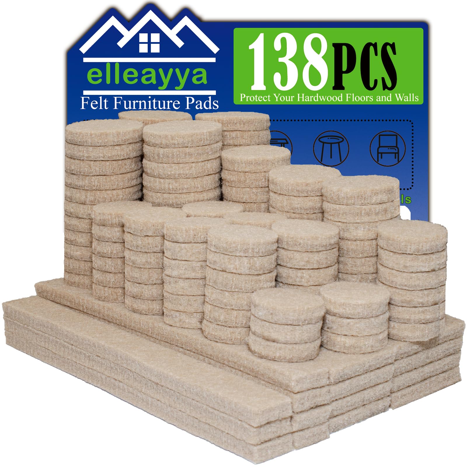 Super Sticky Felt Pads for Furniture Feet, Furniture Pads Floor Protectors (138PCS: Round 19/22/25mm & Rectangle 13/25/32mm, 5mm Thick, Beige) Minimise Chair Movement Noise and Protect Floors