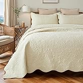 Brandream Beige Quilts Cotton Queen Size Bedspreads Elegant Botanical Matelasse Coverlet Luxury Scalloped Quilts