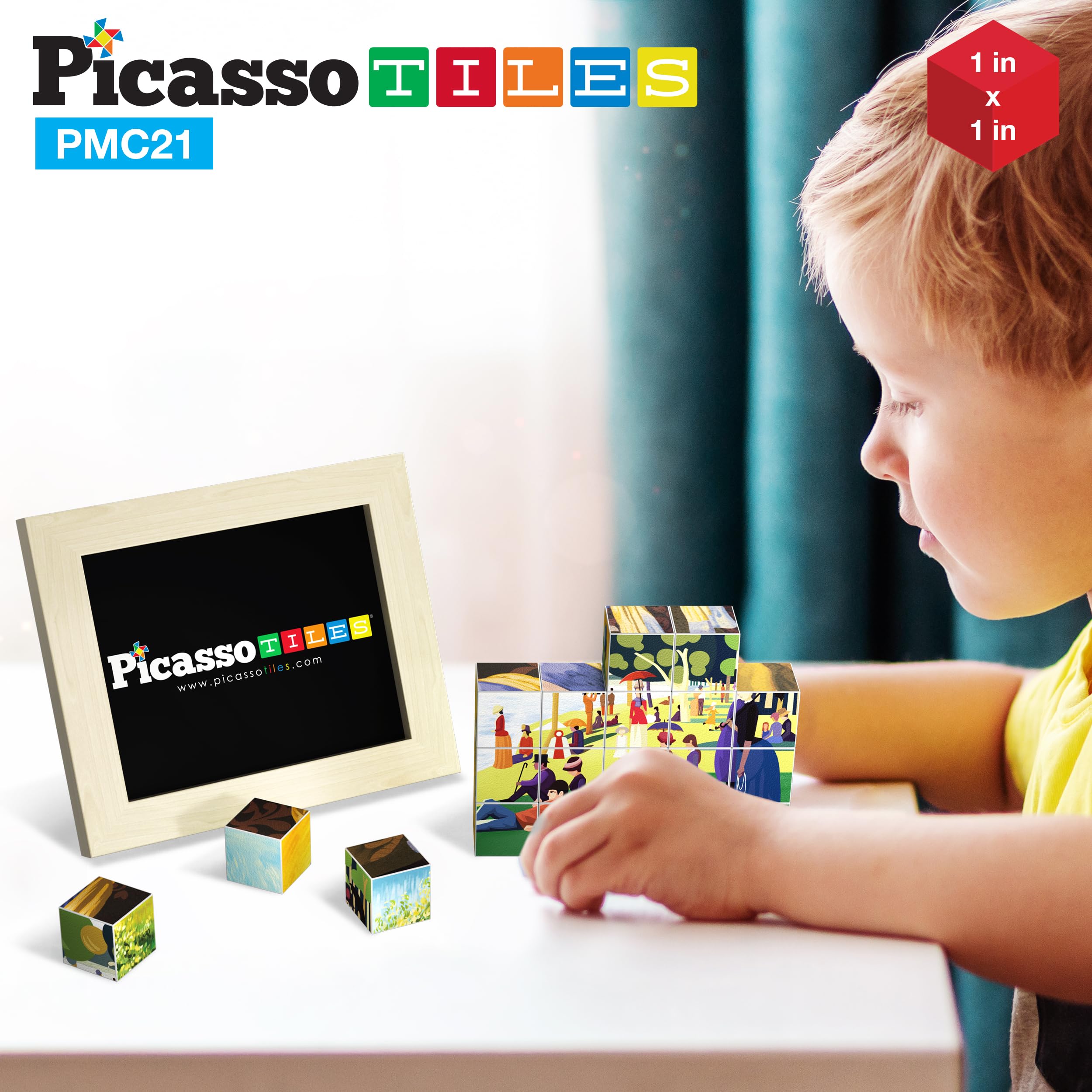 PicassoTiles 1” Magnetic Puzzle Building Cubes Blocks of Popular World Famous Art Paintings with Free Frame, Educational STEAM Toys for 3+ Year Old Boys Girls Toddlers Or Preschool Age Children PMC21