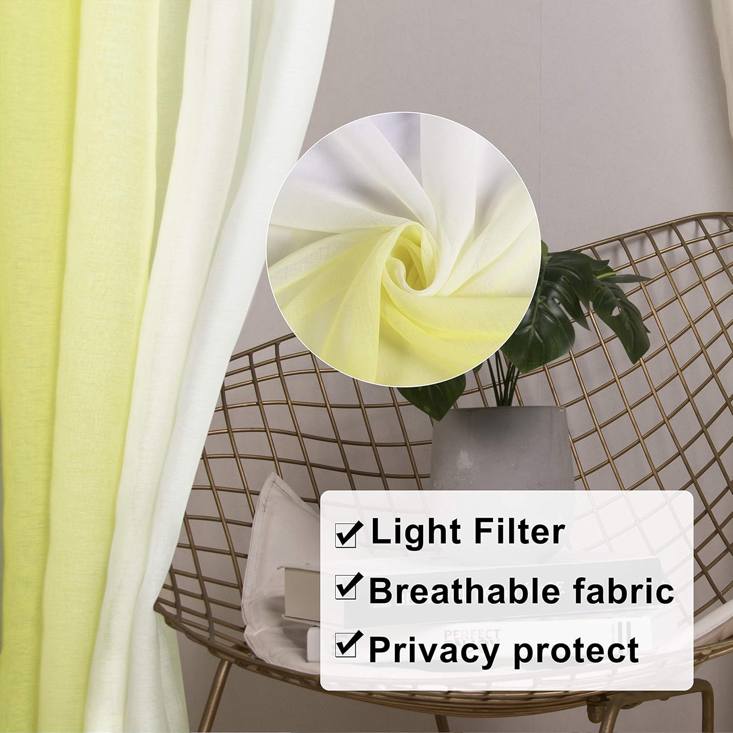 WONTEX Faux Linen 2 Tone Ombre Sheer Curtains for Living Room/ Bedroom, 52 x 84 Inch Long, Yellow and White – Light Filtering and Privacy Gradient Curtain, Grommet Semi Sheer Voile, Set of 2 Panels: Kitchen & Dining