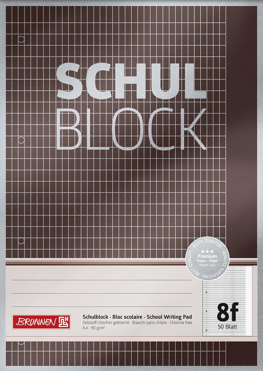 Brunnen 1052608 Schulblock/Notizblock Premium, A4, 50 Blatt, 5 x 7 mm rautiert mit Rand, Lineatur 8f, gelocht, kopfverleimt, 90g/m²