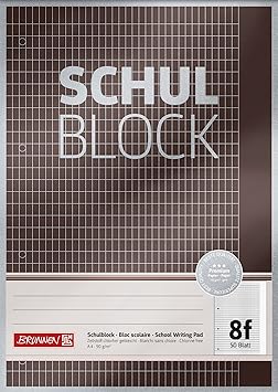 Brunnen 1052608 Schulblock/Notizblock Premium, A4, 50 Blatt, 5 x 7 mm rautiert mit Rand, Lineatur 8f, gelocht, kopfverleimt, 