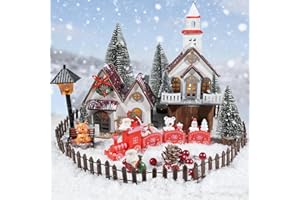 Exasinine 35Pcs Colorful Farmhouse Christmas Village Set with Illuminated Cottages, Santa Claus, Reindeer, Pine Cones, Fence, Christmas Train & LED Lights