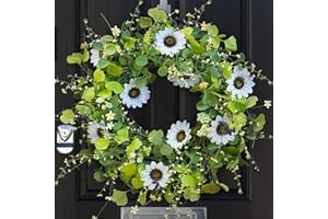 Summer Wreaths for Front Door, Soomeir Spring Door Green Wreath with White Sunflower, Eucalyptus Decorations Home Decor for All Season Outside Outdoor Indoors