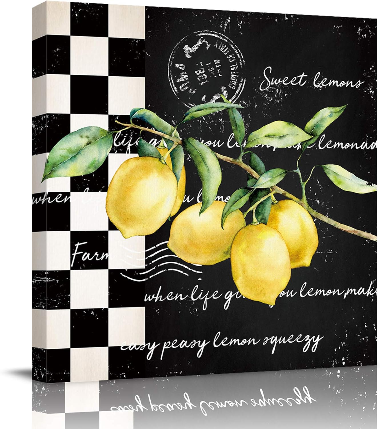 Paintings - applebless Oil Painting on Canvas Yellow Lemon Fresh Fruit Farm Wall Art Home Decor Black White Plaid Modern Pictures Painting for Living Room, Ready to Hang - 12x12 inches