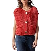 Hvewarm Womens Casual Chunky Knit Vest Gold Button Down Crop Crochet Sleeveless Sweater Vest