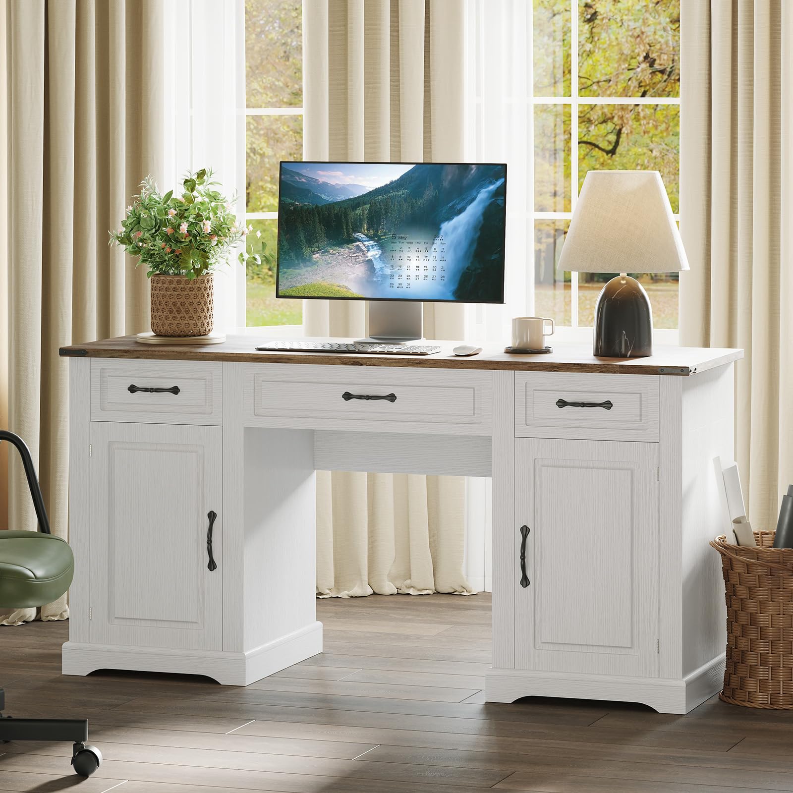 Photo 1 of GarveeHome 60" Executive Desk with Drawers, Farmhouse Home Office Desk with Storage Cabinets, Rustic Computer Writing Desks, Wood Workstation Computer Desks for Home, Study, Work, Antique White