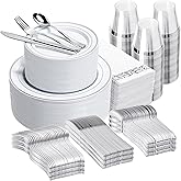N9R 700PCS Silver Disposable Dinnerware Set for 100 Guests, White Plastic Plates with Silver Rim, Include 100 Dinner & Dessert Plates, Plastic Silverware Set, Cups, Napkins for Party and Wedding