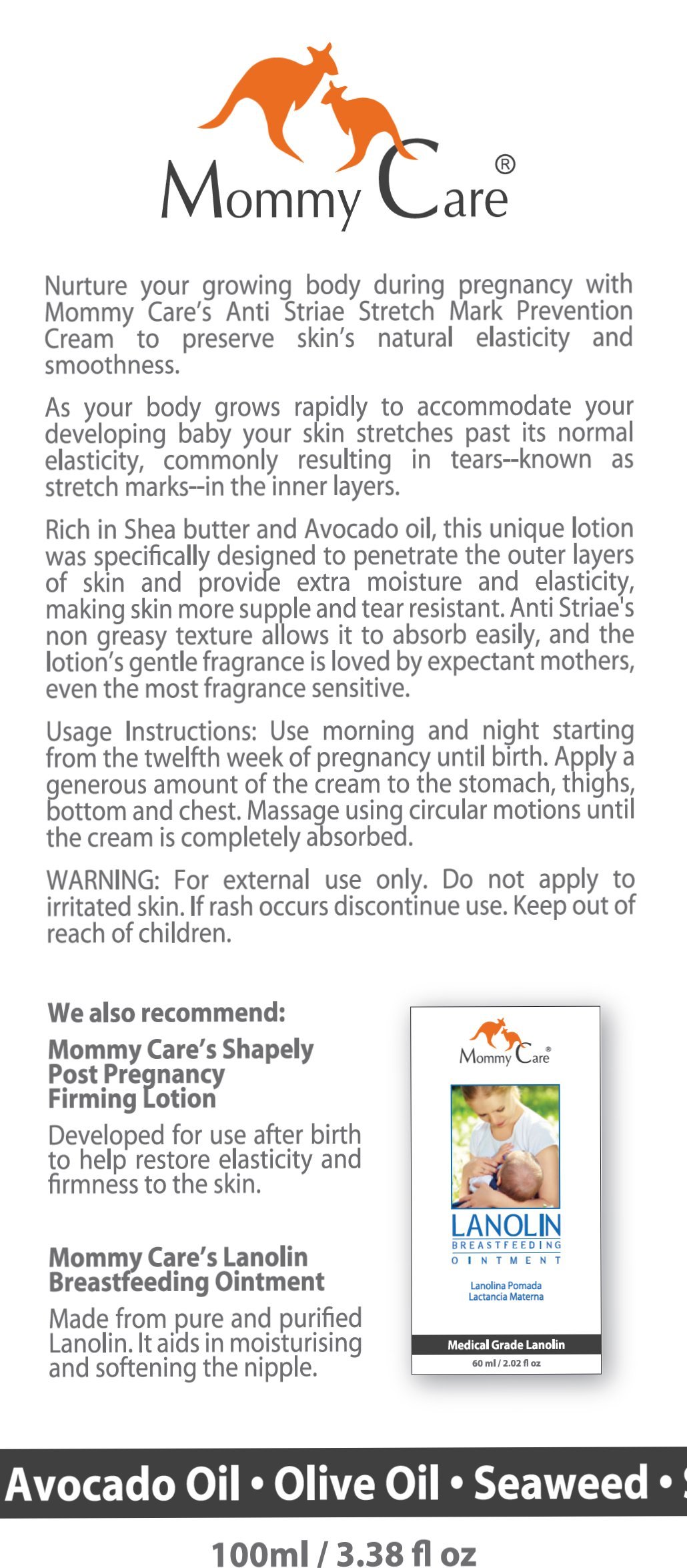 Mommy Care Anti Striae Stretch Mark Prevention Cream – Hydrates & Boosts Elasticity during Pregnancy, Enriched with Shea Butter & Avocado Oil, Non-Greasy, Vegan & Cruelty-Free, 100 ml / 3.38 fl oz