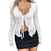 KWSTAIN Lace Tops for Women Long Sleeve Dressy Going Out Sexy Sheer Summer Floral Lace Tie Front Corset Crop Blouses Shirts