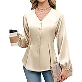 Blooming Jelly Womens Satin Silk Dressy Casual Business Blouse Button Down Long Sleeve Peplum Top Work Shirt Fall Outfit