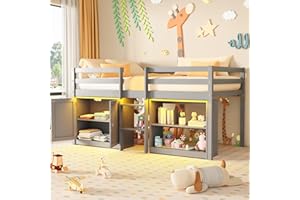 TOLEAD Low Loft Bed, Kids Loft Bed Twin, Toddler Loft Bed with Lights, Kids Loft Beds with 14" H Safety Guardrail, Wood Twin Low Loft Beds with Storage Bookcase and Under-Bed Play Space (Grey)