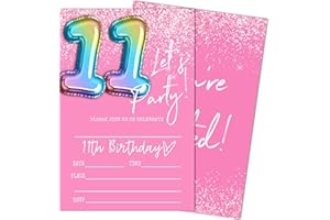 SIXEIGHT Let's Party 11th Birthday Invitations, Pink and Glitter Balloons Invitations, 20 Fill-in Style Birthday Party Invitations with Envelopes for Girls Boys, Birthday Party Favor & Decoration (4"x6")-B11