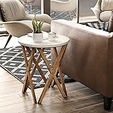 LONYKE Round End Table, Distressed White Top with 4-Legs Base Beside Table for Modern Farmhouse, Boho Decor, White and Natura