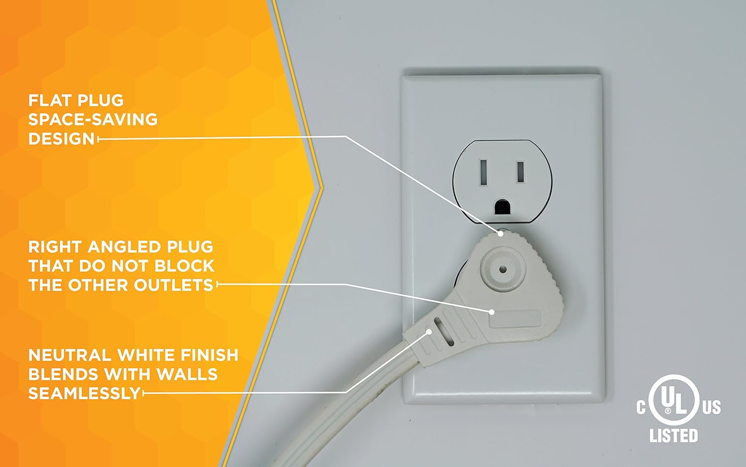 SlimLine 2232 Angled Flat Plug Extension Cord, Space Saving Flat Design, 3 Grounded Outlets, 13-Foot, 13 Amps, 1625 Watts, 125 Volts, UL Listed, I deal For Powering House Hold Appliances, Lamps and Clocks, Neutral White Color - - 