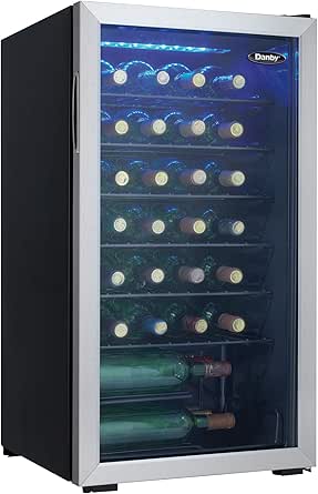 Danby DWC036A1BSSDB-6 3.3 Cu. Ft. Free Standing Wine Cooler, Holds 36 Bottles, Single Zone Fridge with Glass Door-Chiller for Kitchen, Home Bar, Stainless Steel