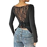 Verdusa Women's Sexy Lace Long Sleeve Top Sheer Asymmetrical Fitted Going Out Tops Date Night Outfit