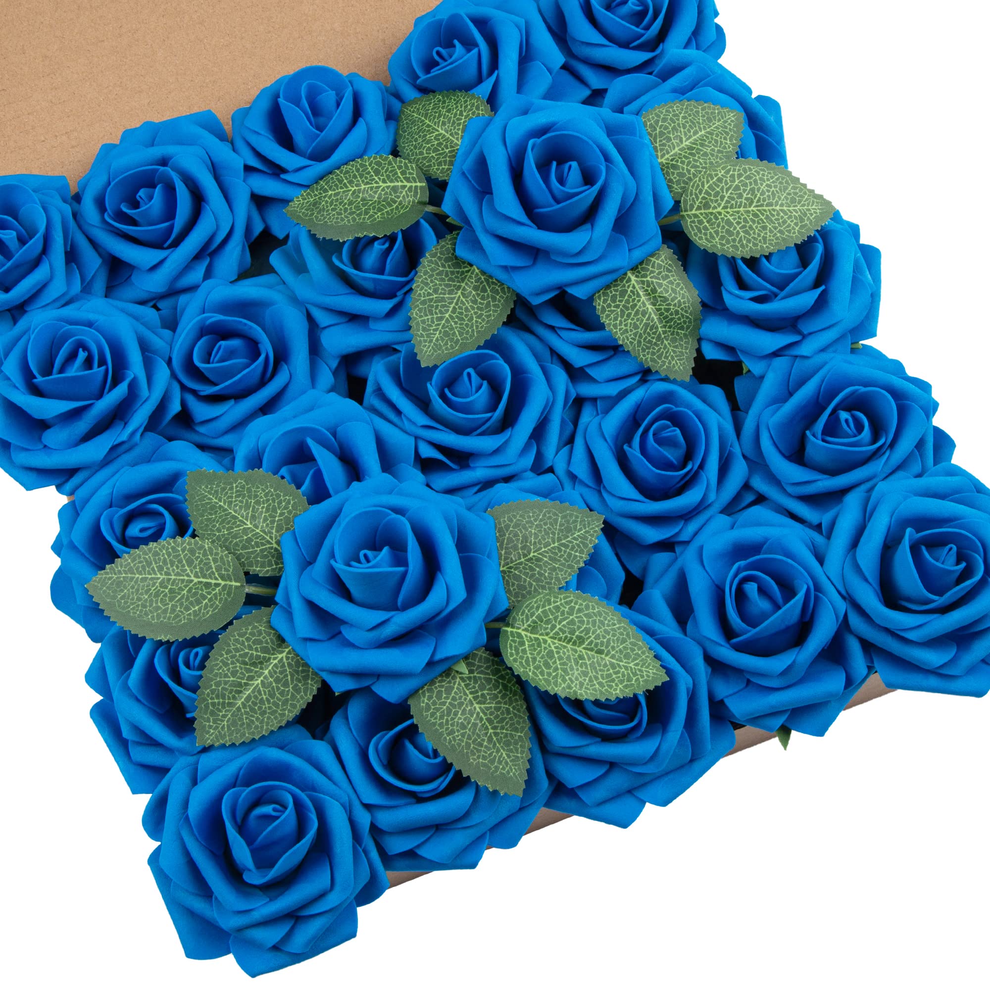 DuHouse 25Pcs Artificial Roses Flowers Fake Rose with Stems Real Touch Foam Flower Head for DIY Wedding Bridal Bouquet Baby Shower Centerpiece Floral Arrangement Party Home Decor(Royal Blue)
