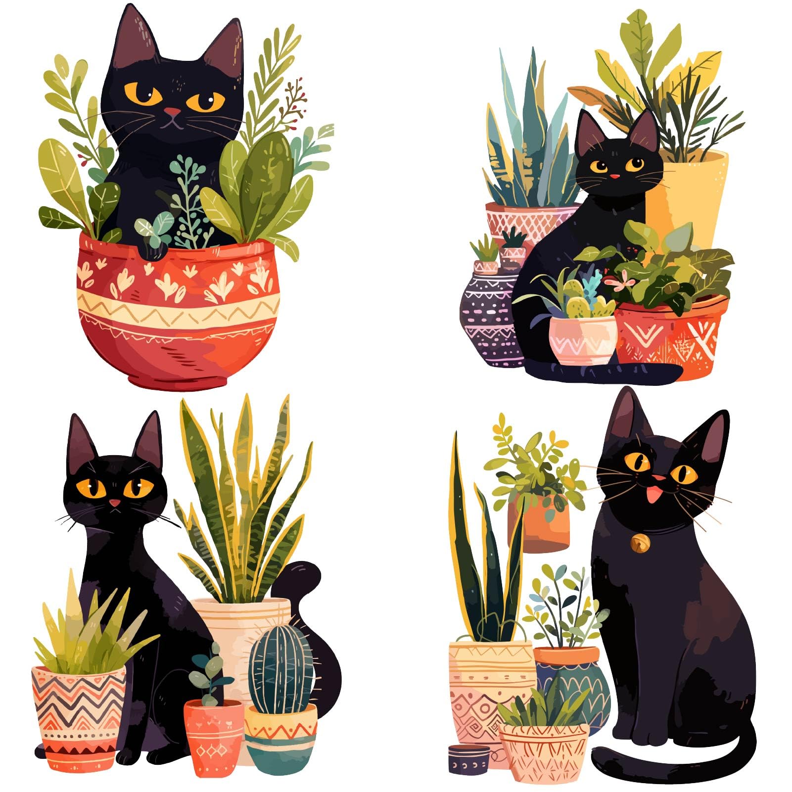 GORGECRAFT 4 Styles Spring Summer Potted Plant Black Cat Window Clings Bonsai Cactus Stickers Sliding Door Decal Decor Anti-Collision Alert Cling for Prevent Stop Birds Dogs Pets Strikes Home Decor