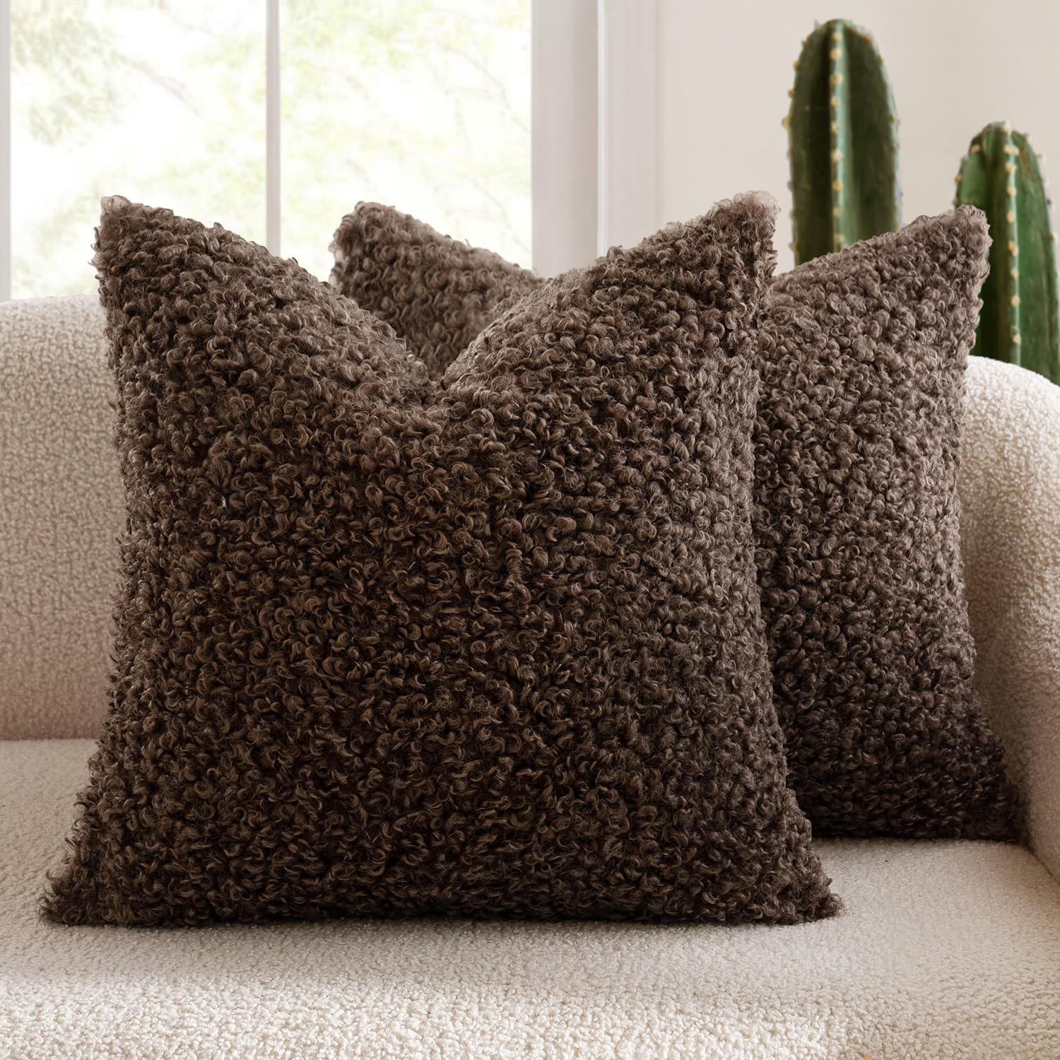 Photo 1 of MIULEE Pack of 2 Faux Fur Chocolate Throw Pillow Covers 18x18 Inch Boucle Decorative Sherpa Pillow Covers Fuzzy Accent Soft Sheepskin Fleece for Boho Home Decor Sofa Living Room Couch Bed