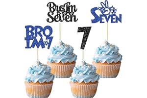 Ephlyn 24Pcs Bro I'm 7 Cupcake Toppers Glitter Boy 7th Birthday Cupcake Pick Decorations for Cheers to Seven Years Old Big Brother 7th Birthday Party Supplies