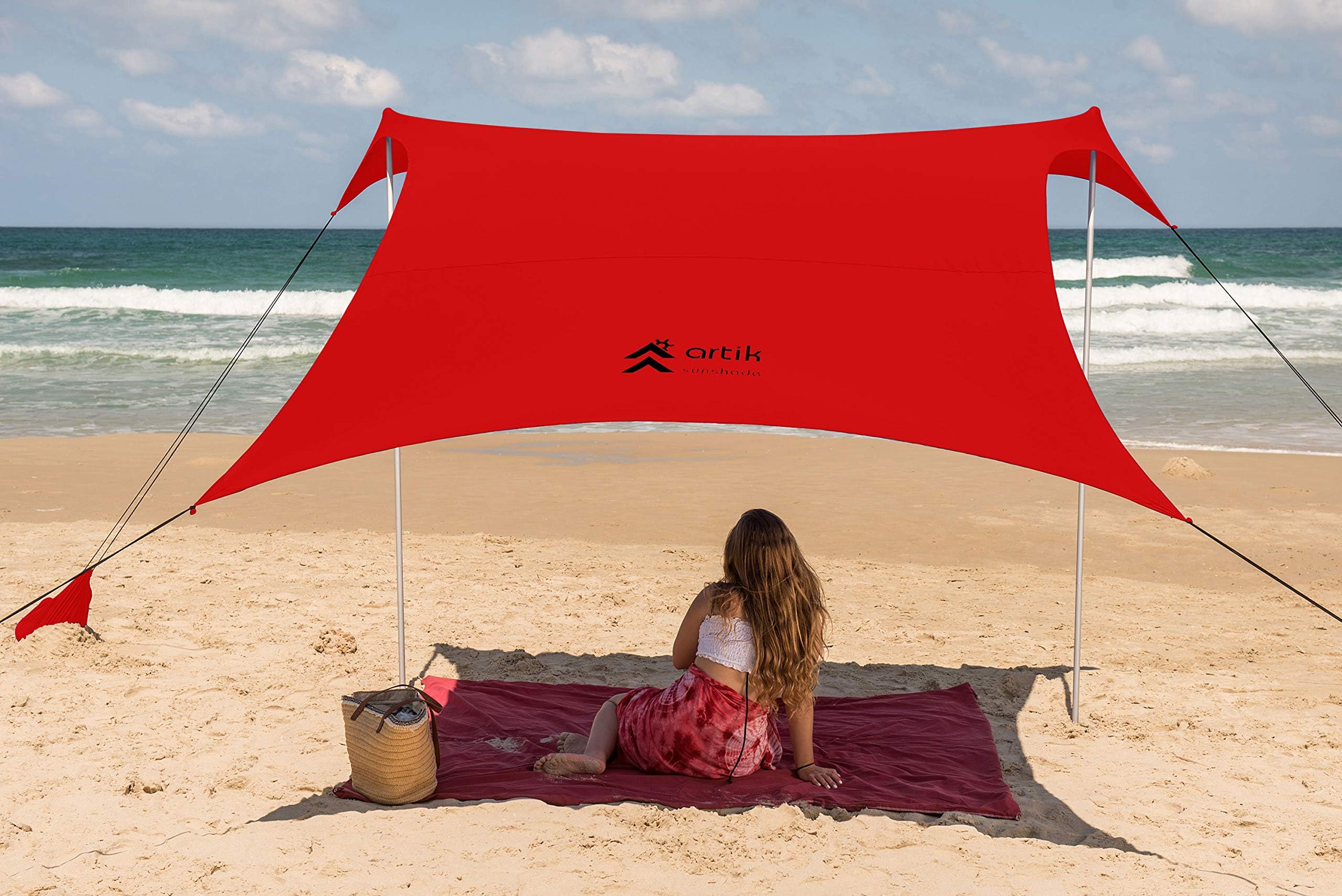 Pop Up Beach Tent Sun Shade for Camping Trips, Fishing, Backyard Fun or Picnics – Portable Canopy with Sandbag Anchors, Two Aluminum Poles & Carrying Bag - UPF50 UV Protection (Red, Large)
