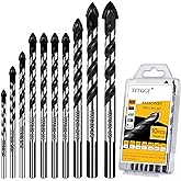 10-Piece Masonry Drill Bit Set &amp; Concrete Drill Bit Set, 7 Sizes, 1/8"-1/2" | Carbide Drill Bits for Tile, Ceramic, Glass, Cement &amp; Brick, Bath &amp; Kitchen, Dual U-Groove, 3-Flat Shank, Standard Drill Fit
