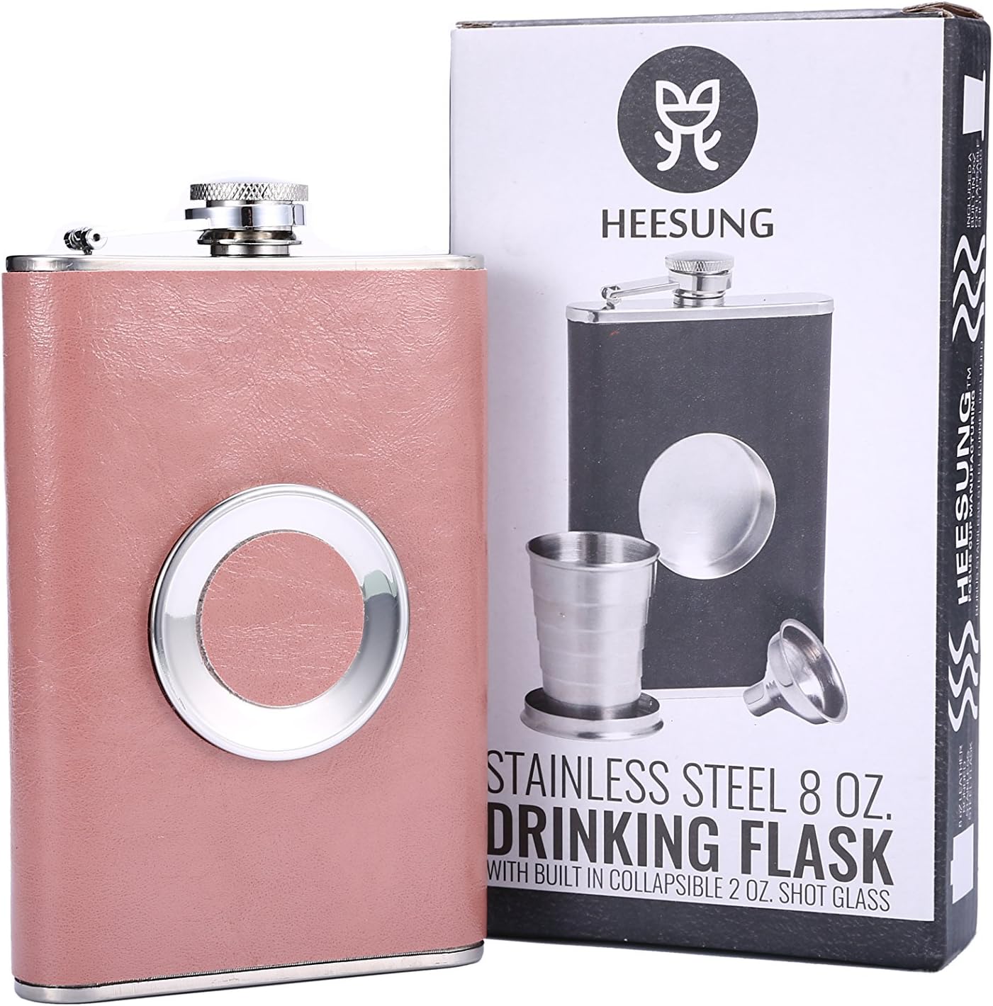 Heesung Shot Flask - Stainless Steel Hip Whiskey Flask Gift Set with a Built-in Collapsible 2 Oz Shot Glass ,Bonus Stainless Steel Flask Funnel - 8 oz Hip Flask With Premium pale pinkish grey Leather