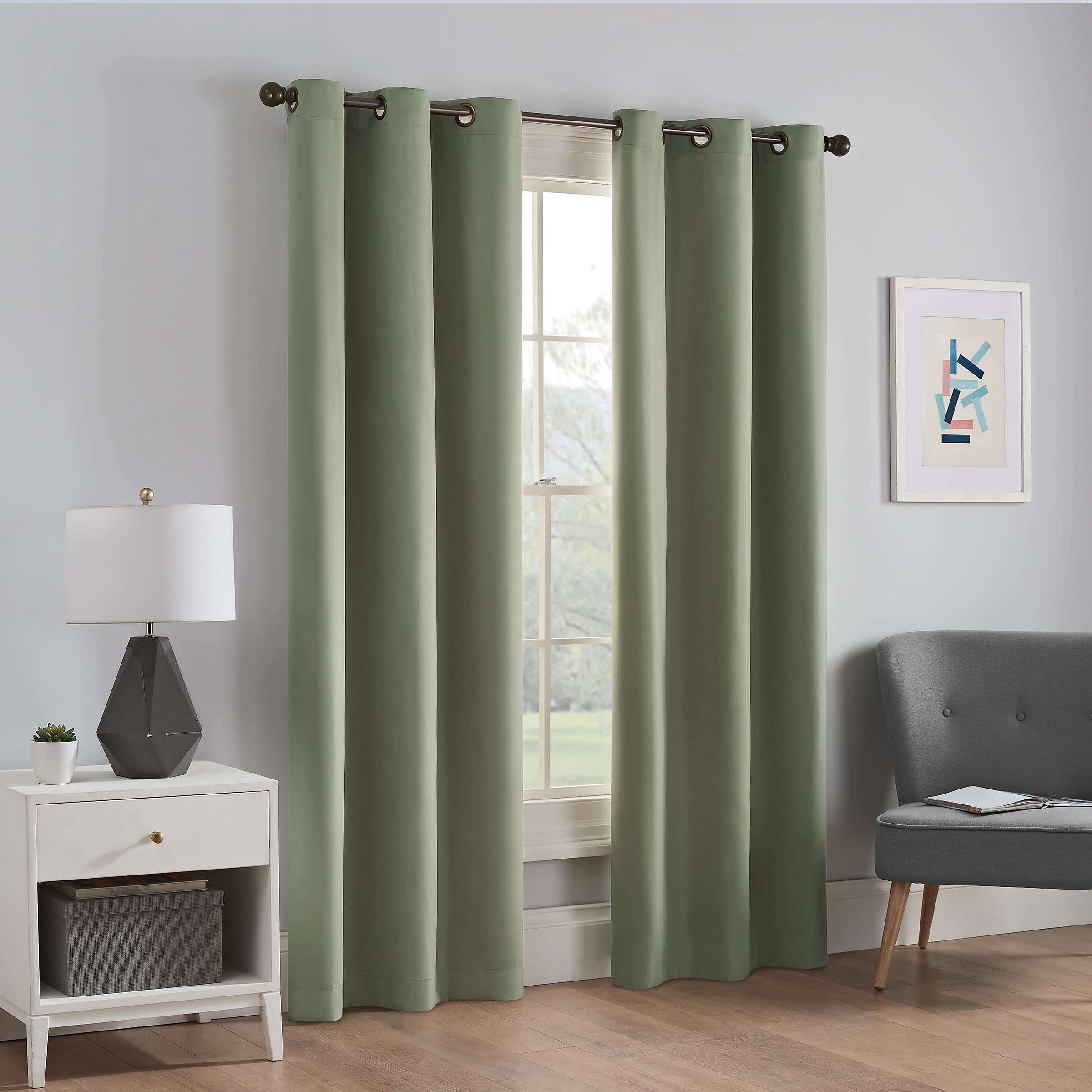 Eclipse Microfiber Thermal Insulated Single Panel Grommet Top Darkening Curtains for Living Room, 42" x 63", Moss