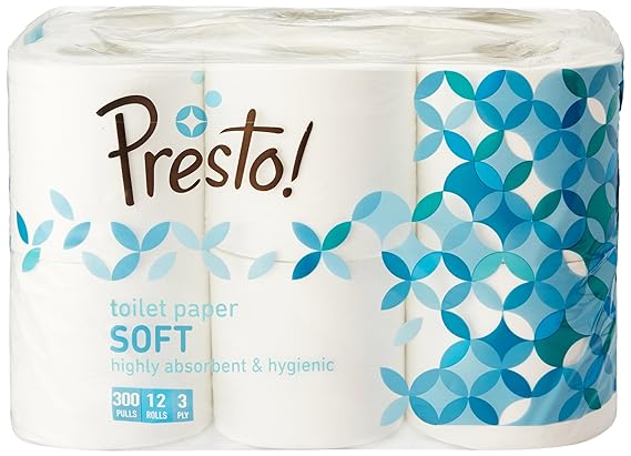 Presto! 3 Ply Bathroom Tissue Toilet PaPer Roll - 12 Rolls (300 Sheets Per Roll)