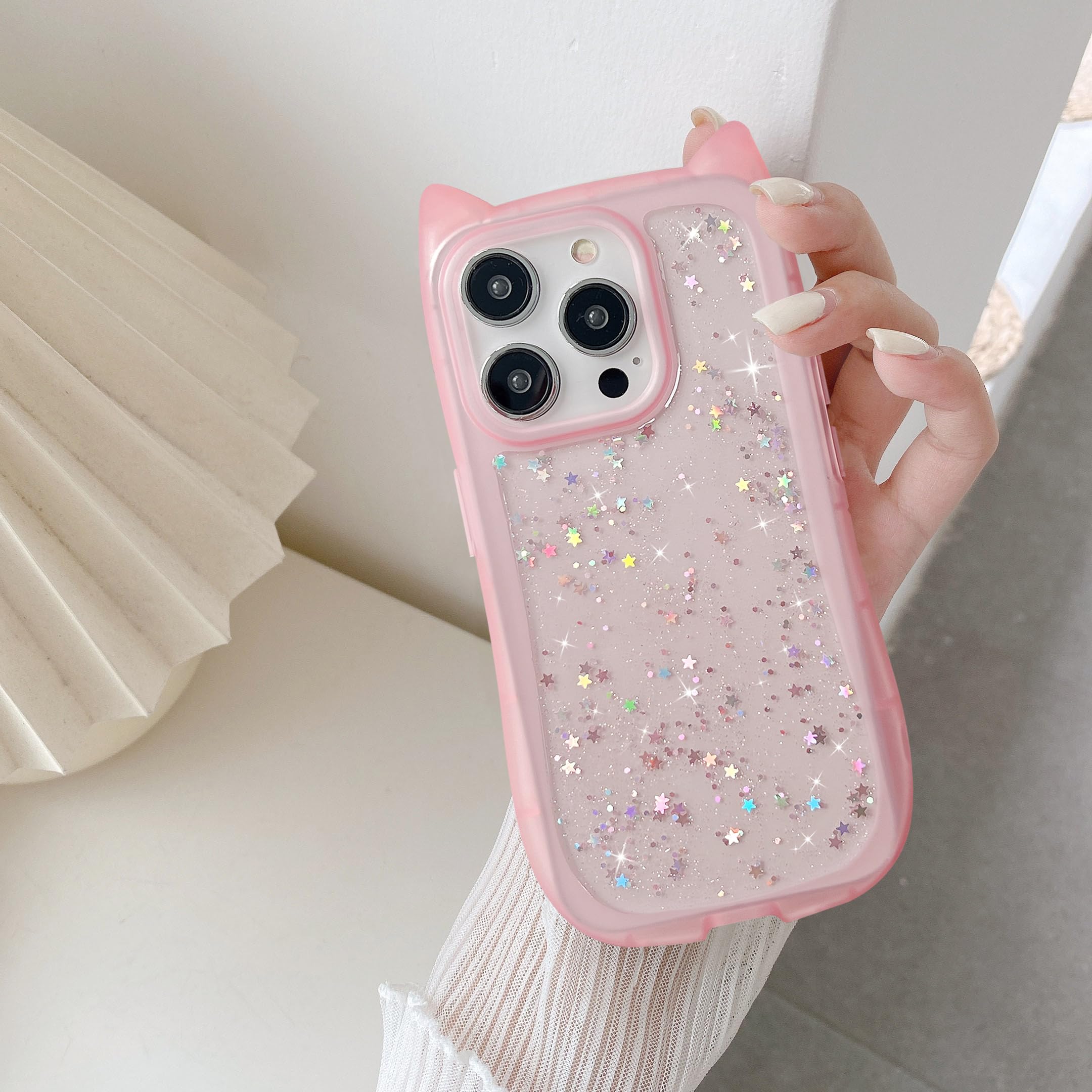 UEEBAI Case for iPhone 15 Pro Max 6.7 inch, Cute Glitter Bling Shine Candy Color Cat Shape Soft TPU Phone Case, Shockproof Silicone Slim Pretty Case Protective Non-yellowing Cover,Clear Pink