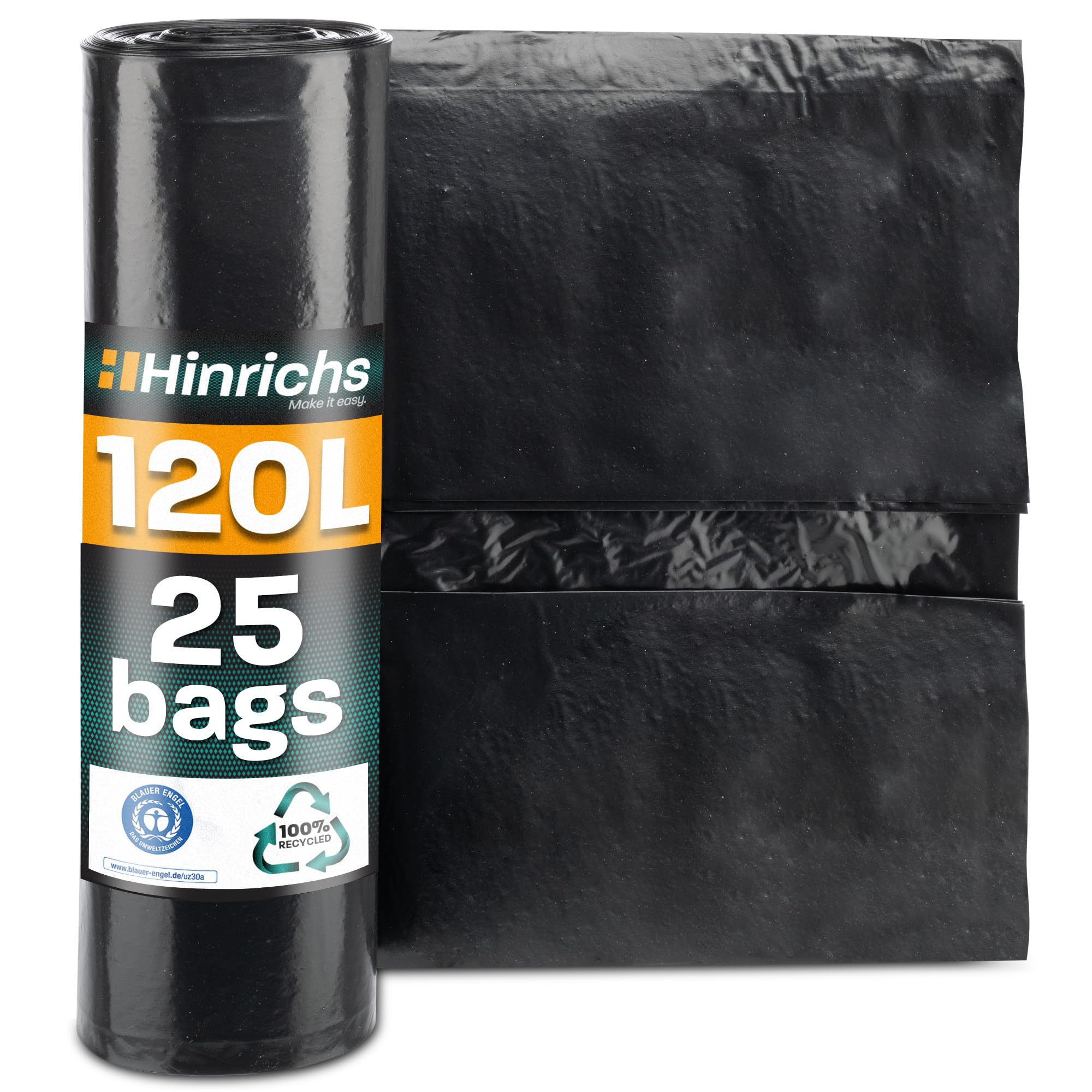 Hinrichs Bin Bags 120L Extra Strong - 70x110 cm - Roll of 25 - Heavy Duty Garbage Bags - Refuse Bags made of recycled LDPE - Black Bags - Waste Bags for Gardens, Households and Construction Sites