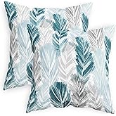 CaliTime Throw Pillow Cases Pack of 2 Cozy Fleece Two-Tone Abstract Artistic Feather Decorative Cushion Covers for Couch Bed Sofa Farmhouse Decoration 18 X 18 Inches Teal Grey